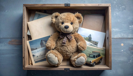 Overhead drone shot of a classic teddy bear surrounded by miniature tea set and fake cupcakes in a grassy meadow, dandelions and daisies scattered around, golden hour lighting, whimsical Teddy Bear Day celebration.の素材