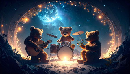 Overhead drone shot of a classic teddy bear surrounded by miniature tea set and fake cupcakes in a grassy meadow, dandelions and daisies scattered around, golden hour lighting, whimsical Teddy Bear Day celebration.の素材