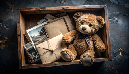 Overhead drone shot of a classic teddy bear surrounded by miniature tea set and fake cupcakes in a grassy meadow, dandelions and daisies scattered around, golden hour lighting, whimsical Teddy Bear Day celebration.の素材