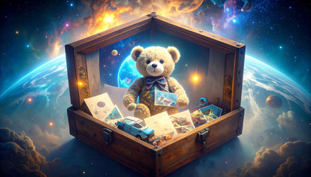 Overhead drone shot of a classic teddy bear surrounded by miniature tea set and fake cupcakes in a grassy meadow, dandelions and daisies scattered around, golden hour lighting, whimsical Teddy Bear Day celebration.の素材