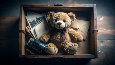 Overhead drone shot of a classic teddy bear surrounded by miniature tea set and fake cupcakes in a grassy meadow, dandelions and daisies scattered around, golden hour lighting, whimsical Teddy Bear Day celebration.の素材