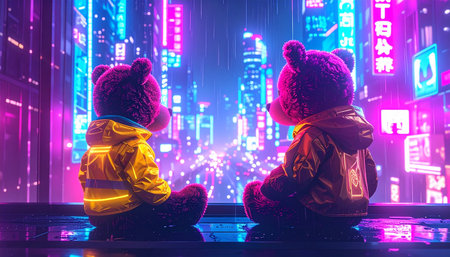 Side profile of a teddy bear wearing a tiny yellow raincoat sitting on a windowsill, raindrops streaking the glass, blurred autumn park view outside, melancholic yet sweet Teddy Bear Day mood.の素材