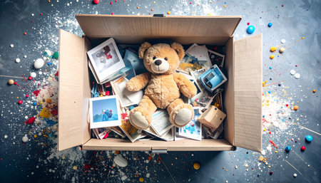 Overhead drone shot of a classic teddy bear surrounded by miniature tea set and fake cupcakes in a grassy meadow, dandelions and daisies scattered around, golden hour lighting, whimsical Teddy Bear Day celebration.の素材
