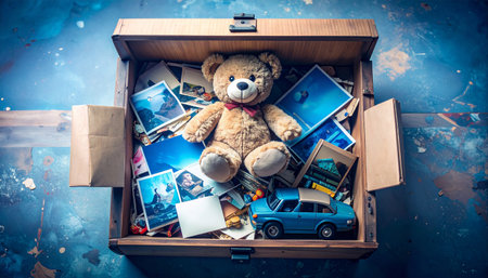 Overhead drone shot of a classic teddy bear surrounded by miniature tea set and fake cupcakes in a grassy meadow, dandelions and daisies scattered around, golden hour lighting, whimsical Teddy Bear Day celebration.の素材