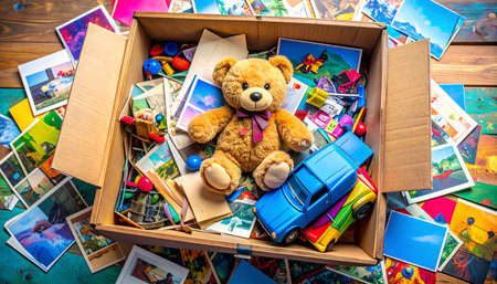 Overhead drone shot of a classic teddy bear surrounded by miniature tea set and fake cupcakes in a grassy meadow, dandelions and daisies scattered around, golden hour lighting, whimsical Teddy Bear Day celebration.の素材