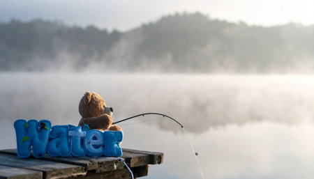 Side view of a teddy bear with a tiny fishing rod sitting at the edge of a miniature wooden pier, blue fabric water with felt fish, morning mist effectの素材