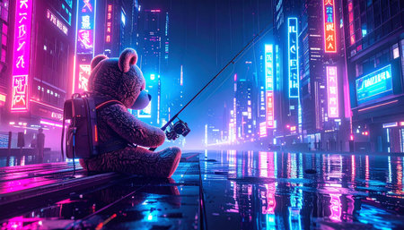 Side view of a teddy bear with a tiny fishing rod sitting at the edge of a miniature wooden pier, blue fabric water with felt fish, morning mist effectの素材