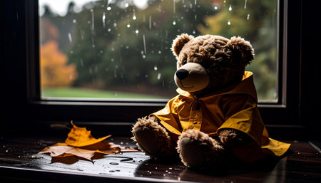Side profile of a teddy bear wearing a tiny yellow raincoat sitting on a windowsill, raindrops streaking the glass, blurred autumn park view outside, melancholic yet sweet Teddy Bear Day mood.の素材