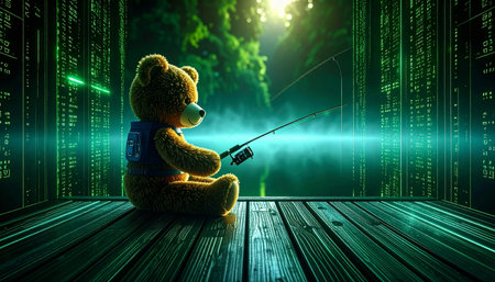 Side view of a teddy bear with a tiny fishing rod sitting at the edge of a miniature wooden pier, blue fabric water with felt fish, morning mist effectの素材