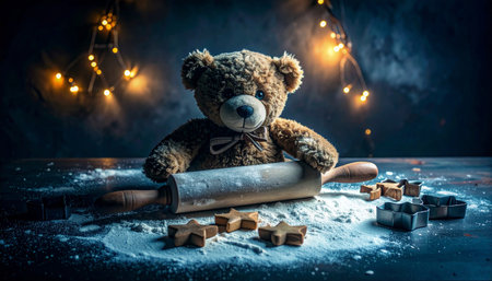 Whimsical flat lay of a teddy bear  holding a miniature rolling pin beside tiny cookie cutters and flour-sprinkled dough on a rustic kitchen counter, warm oven light in background.の素材