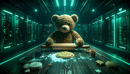 Whimsical flat lay of a teddy bear  holding a miniature rolling pin beside tiny cookie cutters and flour-sprinkled dough on a rustic kitchen counter, warm oven light in background.の素材