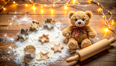 Whimsical flat lay of a teddy bear  holding a miniature rolling pin beside tiny cookie cutters and flour-sprinkled dough on a rustic kitchen counter, warm oven light in background.の素材