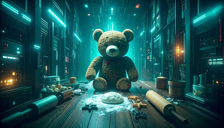 Whimsical flat lay of a teddy bear  holding a miniature rolling pin beside tiny cookie cutters and flour-sprinkled dough on a rustic kitchen counter, warm oven light in background.の素材