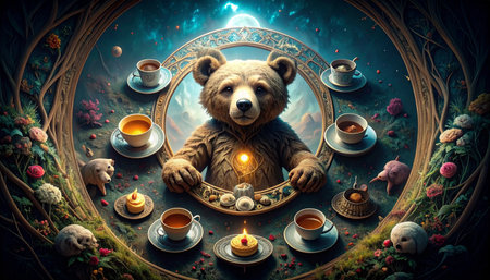 Overhead shot of a teddy bear hosting a tea party with other stuffed animals, miniature cups and cakes, floral tableclothの素材