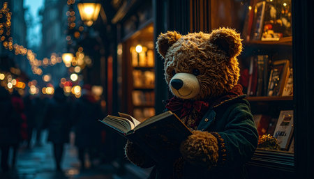 Street level view of a teddy bear reading a tiny book in a bookstore window, blurred holiday shoppers in backgroundの素材