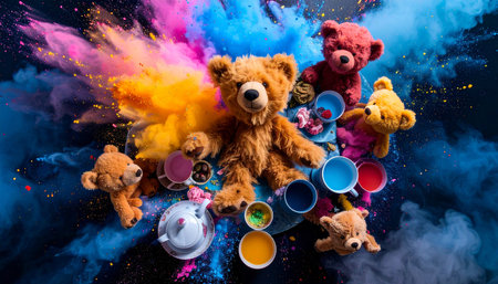 Overhead shot of a teddy bear hosting a tea party with other stuffed animals, miniature cups and cakes, floral tableclothの素材