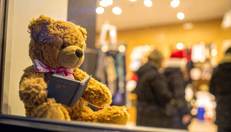 Street level view of a teddy bear reading a tiny book in a bookstore window, blurred holiday shoppers in backgroundの素材