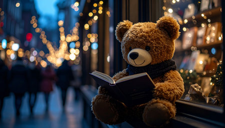 Street level view of a teddy bear reading a tiny book in a bookstore window, blurred holiday shoppers in backgroundの素材