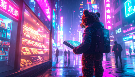 Street level view of a teddy bear reading a tiny book in a bookstore window, blurred holiday shoppers in backgroundの素材