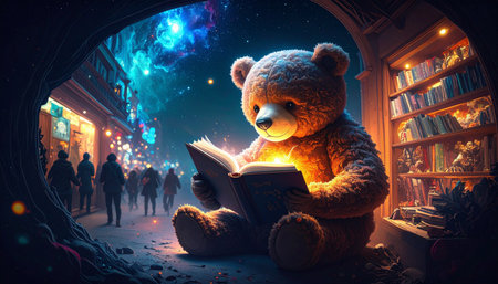 Street level view of a teddy bear reading a tiny book in a bookstore window, blurred holiday shoppers in backgroundの素材