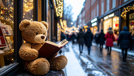 Street level view of a teddy bear reading a tiny book in a bookstore window, blurred holiday shoppers in backgroundの素材