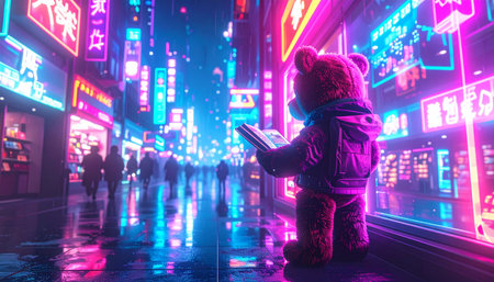 Street level view of a teddy bear reading a tiny book in a bookstore window, blurred holiday shoppers in backgroundの素材