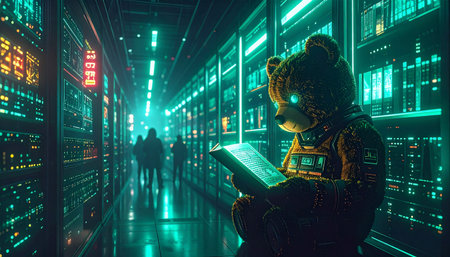 Street level view of a teddy bear reading a tiny book in a bookstore window, blurred holiday shoppers in backgroundの素材