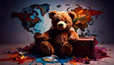 Vintage world map with pinned photos of a teddy bear at landmarks, miniature suitcase and passportの素材