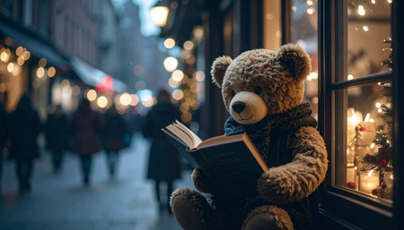 Street level view of a teddy bear reading a tiny book in a bookstore window, blurred holiday shoppers in backgroundの素材
