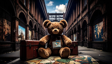 Vintage world map with pinned photos of a teddy bear at landmarks, miniature suitcase and passportの素材