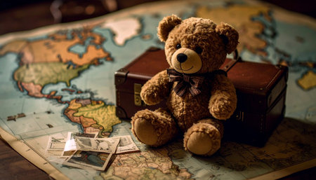 Vintage world map with pinned photos of a teddy bear at landmarks, miniature suitcase and passportの素材