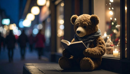 Street level view of a teddy bear reading a tiny book in a bookstore window, blurred holiday shoppers in backgroundの素材
