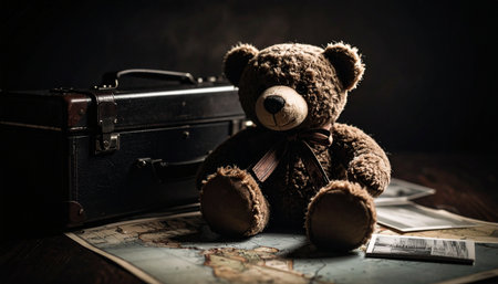 Vintage world map with pinned photos of a teddy bear at landmarks, miniature suitcase and passportの素材