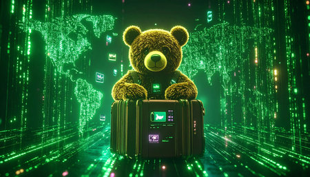 Vintage world map with pinned photos of a teddy bear at landmarks, miniature suitcase and passportの素材