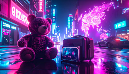 Vintage world map with pinned photos of a teddy bear at landmarks, miniature suitcase and passportの素材