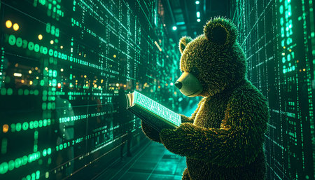 Street level view of a teddy bear reading a tiny book in a bookstore window, blurred holiday shoppers in backgroundの素材