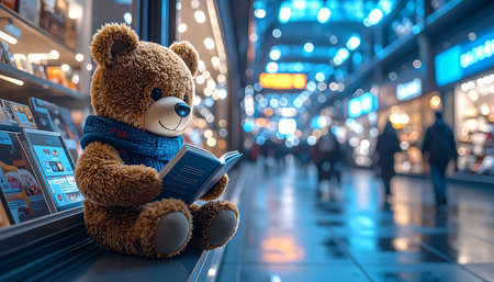 Street level view of a teddy bear reading a tiny book in a bookstore window, blurred holiday shoppers in backgroundの素材