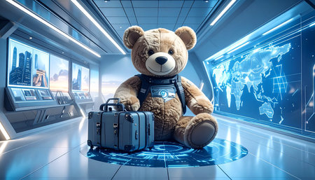 Vintage world map with pinned photos of a teddy bear at landmarks, miniature suitcase and passportの素材