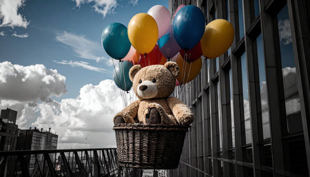 Drone perspective of a teddy bear in a woven basket attached to rainbow balloons, cloud backdrop, dreamy pastel colorsの素材