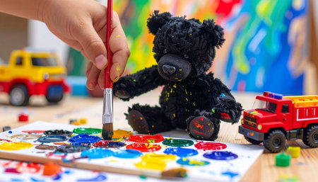 Action shot of a teddy bear rescuing a kitten plush from fire, toy fire truck nearbyの素材