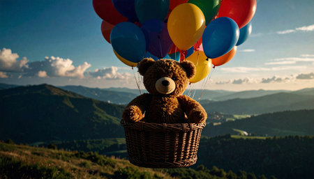 Drone perspective of a teddy bear in a woven basket attached to rainbow balloons, cloud backdrop, dreamy pastel colorsの素材