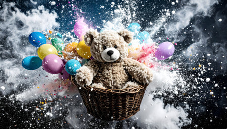 Drone perspective of a teddy bear in a woven basket attached to rainbow balloons, cloud backdrop, dreamy pastel colorsの素材