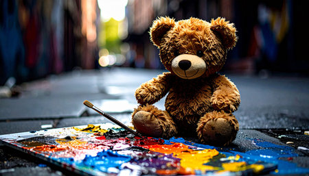 Closeup of a teddy bear holding a tiny paintbrush beside a smeared acrylic canvas, palette with bright colorsの素材