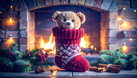 Close up of a plush teddy bear peeking out from a knitted red stocking, pine needles and cinnamon sticks scattered on fireplace mantel, warm holiday lighting.の素材