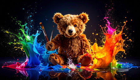 Closeup of a teddy bear holding a tiny paintbrush beside a smeared acrylic canvas, palette with bright colorsの素材