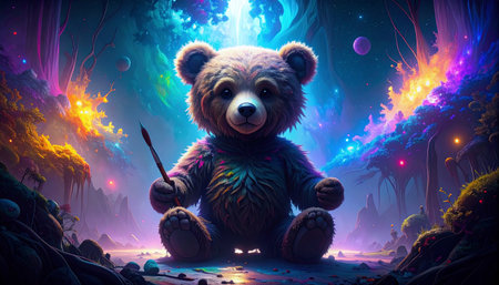 Closeup of a teddy bear holding a tiny paintbrush beside a smeared acrylic canvas, palette with bright colorsの素材