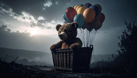 Drone perspective of a teddy bear in a woven basket attached to rainbow balloons, cloud backdrop, dreamy pastel colorsの素材