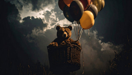 Drone perspective of a teddy bear in a woven basket attached to rainbow balloons, cloud backdrop, dreamy pastel colorsの素材
