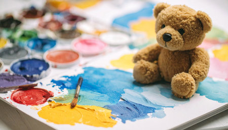 Closeup of a teddy bear holding a tiny paintbrush beside a smeared acrylic canvas, palette with bright colorsの素材