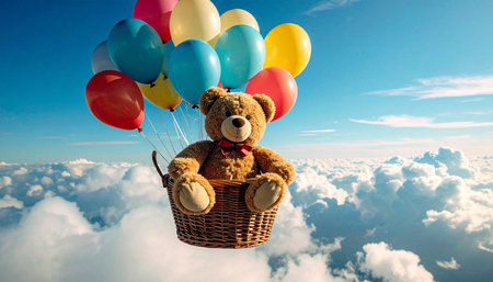 Drone perspective of a teddy bear in a woven basket attached to rainbow balloons, cloud backdrop, dreamy pastel colorsの素材